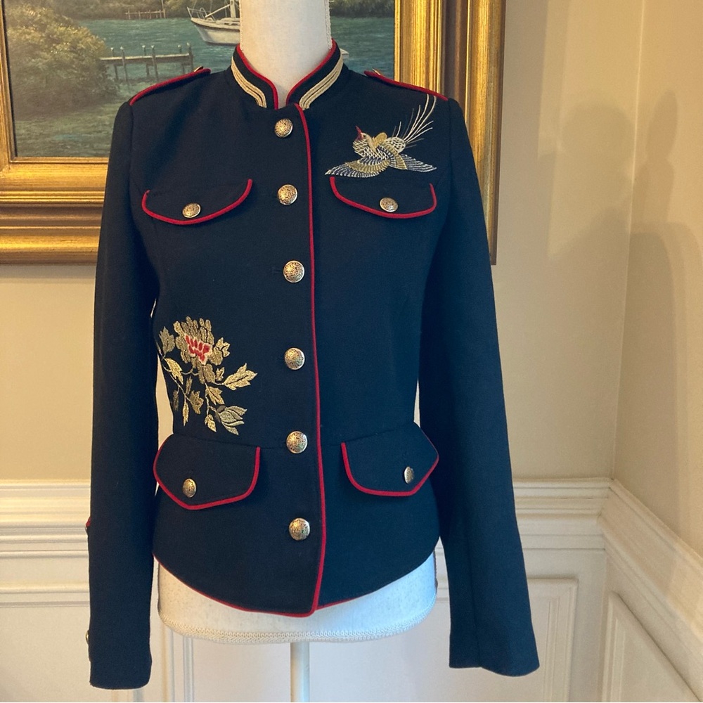 ZARA Black Embroidered Floral Bird Asian Print Military Jacket - Picture 3 of 16